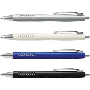 Four plastic pens in silver, white, blue, and black, each with a metallic accent and a design feature on the barrel.