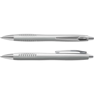 A silver plastic pen with a sleek design and a chrome clip, featuring grip details along the barrel.