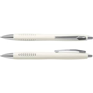 A dual set of Topaz Pens in a creamy white colour with silver accents and a branded logo.
