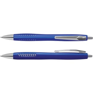 A blue plastic pen with a sleek design features a silver clip and accent details.