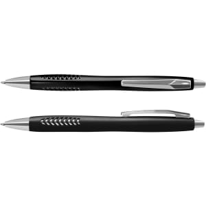 A black plastic pen set featuring a sleek design and silver accents, including a clip and textured grip.