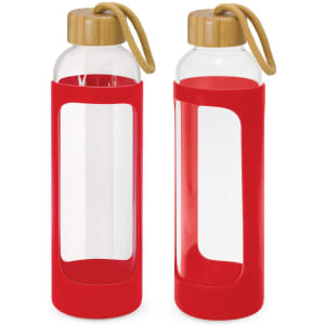 A drink bottle with a clear glass body, red silicone sleeve, and bamboo lid, featuring a carrying strap.