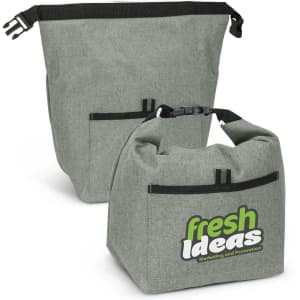 A grey lunch cooler with a handle and a front pocket, featuring a logo. A larger matching cooler is also visible.