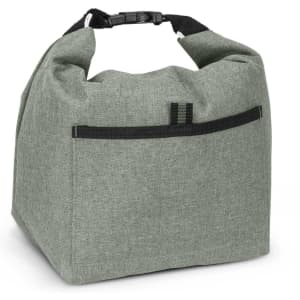 A green lunch cooler bag with a black strap and pocket on the side, featuring a logo.