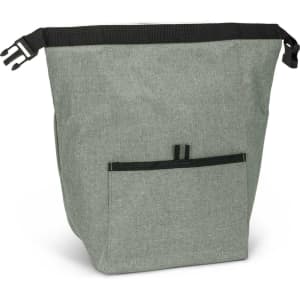 A light grey, insulated lunch cooler with a front pocket and adjustable straps. Features a logo on the front.