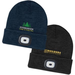 A navy blue beanie with LED light and a black beanie with LED light, both featuring logos.