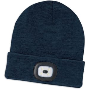 A headlamp beanie in a dark blue color featuring a built-in LED light on the front.