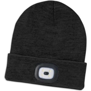 A headlamp beanie in dark grey with a built-in LED light on the front.