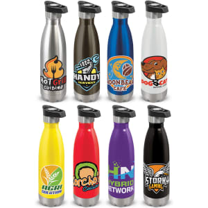 A drink bottle collection featuring various colours: silver, black, blue, white, red, yellow, purple. Each has a unique logo.