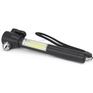 A black vehicle safety tool with a flashlight, a pointed end, and a strap. It has a transparent section in the middle.