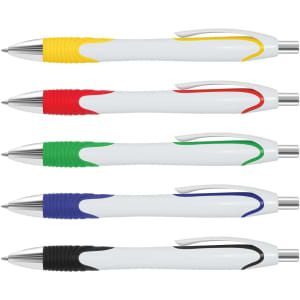 Five plastic pens with white bodies and coloured grips in yellow, red, green, blue, and black, each featuring a silver clip.