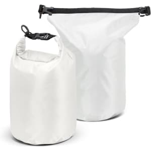 A pair of white dry bags with roll-top closures, featuring a black adjustable buckle and strap.