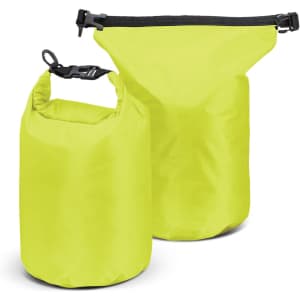 A vibrant yellow dry bag set featuring two sizes with adjustable closures. Each bag has a logo.