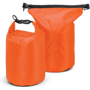 Two orange dry bags are displayed, featuring a secure roll-top closure and a clip. One bag is larger than the other.