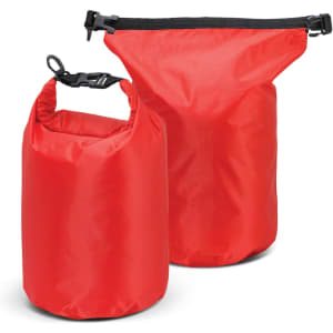 A red dry bag set featuring two sizes, with adjustable seals and a design suitable for waterproof storage.
