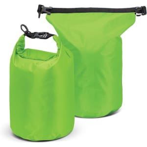 A bright green 10L dry bag with a roll-top closure and a buckle, featuring a logo on the side.