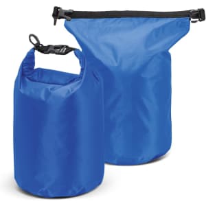 A blue dry bag with a roll-top closure, featuring a buckle and a smaller version alongside the larger one.