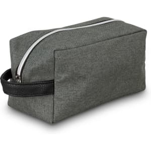 A toiletry bag in a textured gray fabric with a black leather handle and a white zipper.