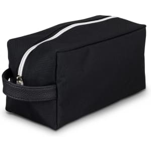 A black toiletry bag featuring a sturdy zipper and a side handle for easy carrying.