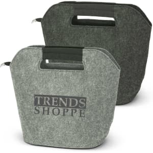 A grey and dark green cooler bag with handles and a logo on the front.