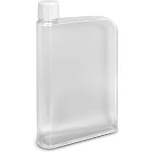 A drink bottle with a sleek, rectangular design and a screw-on lid, made from clear plastic.