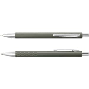 A metal pen in a sleek olive green finish with silver accents, featuring a textured grip and a clip for easy attachment.