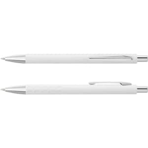 A set of white metal pens, featuring a sleek design with chrome accents and one with textured grip.