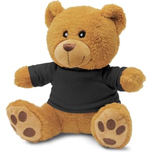 A plush teddy bear toy in a brown hue, wearing a black T-shirt, with soft paws and a friendly expression.