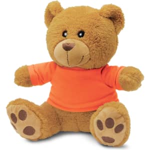 A brown teddy bear plush toy wearing an orange shirt, featuring soft fur and a cute, friendly face.