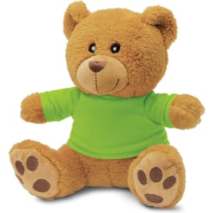A plush teddy bear in brown with a green shirt, featuring soft fur and paw prints on its feet.