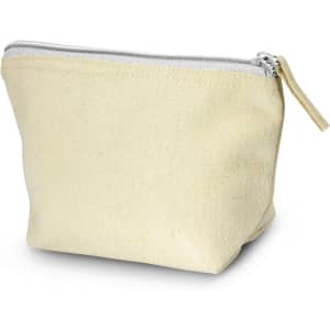A small, light yellow cosmetic bag with a zip closure, featuring a simple design and a logo.