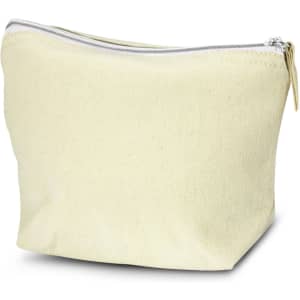 A medium cosmetic bag in a soft yellow shade with a silver zip and branded logo.