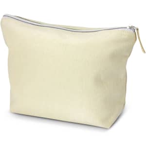 A large cosmetic bag in a soft beige colour with a zip closure and a simple design. It features a logo.