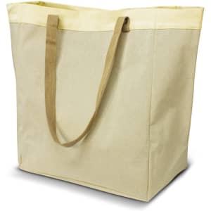 A large market tote bag in beige with yellow trim and sturdy brown handles. It features a logo.