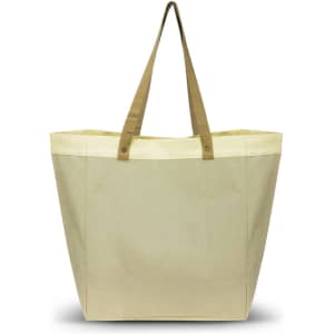 A large market tote bag in beige with light yellow accents and sturdy brown handles. It features a branded logo.