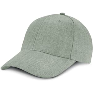 A green cap with a curved brim and a structured crown, featuring six panels and a rounded top.