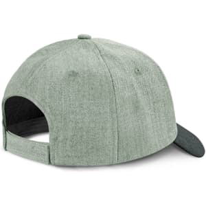 A green cap designed with a smooth fabric, featuring a curved brim and an adjustable strap at the back.