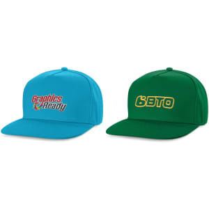 Two flat peak caps in blue and green, each featuring a logo on the front.