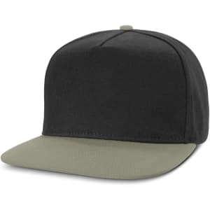 A flat peak cap in a black body with a green brim, designed for casual wear.