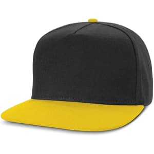 A Crusade Flat Peak Cap featuring a black crown and a yellow brim.
