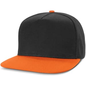 A flat peak cap in black with an orange brim and button on top, designed for casual wear.