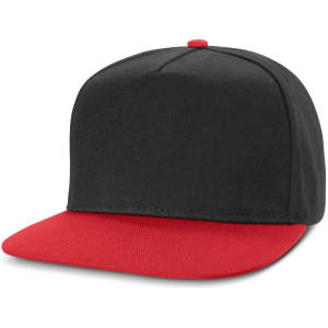 A Crusade Flat Peak Cap featuring a black body and a red visor.