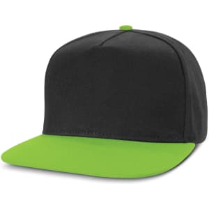 A flat peak cap featuring a dark gray body and a bright green brim.