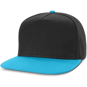 A Crusade Flat Peak Cap featuring a black body and a bright turquoise brim.