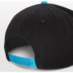A black flat peak cap with a turquoise adjustable strap at the back.