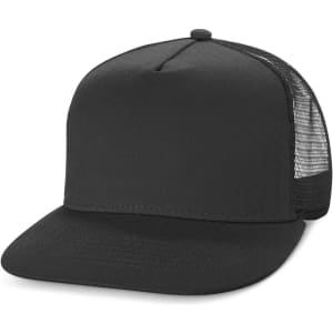A black mesh trucker cap with a flat peak and a structured front, featuring a logo on the front.