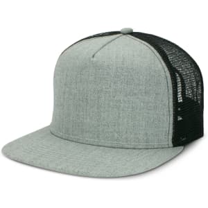 A grey flat peak trucker cap with mesh detailing at the back and a round top button.