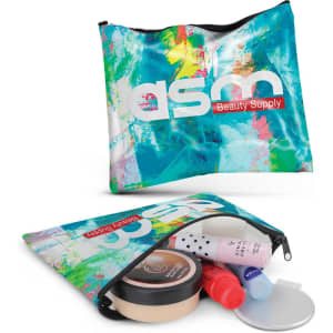 A small cosmetic bag in vibrant blue and green abstract design, containing various beauty products and accessories.