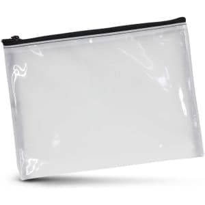 A small transparent cosmetic bag with a black zip closure. Suitable for toiletries and accessories.