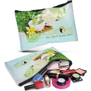 A medium cosmetic bag featuring vibrant green and white design, filled with various cosmetic items like lipsticks, nail polish, and eyeshadow.